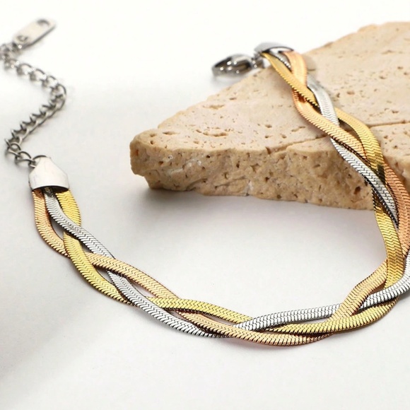 Luxe Tri color Stainless Steel Braided Necklace Bracelet Set - Picture 4 of 5